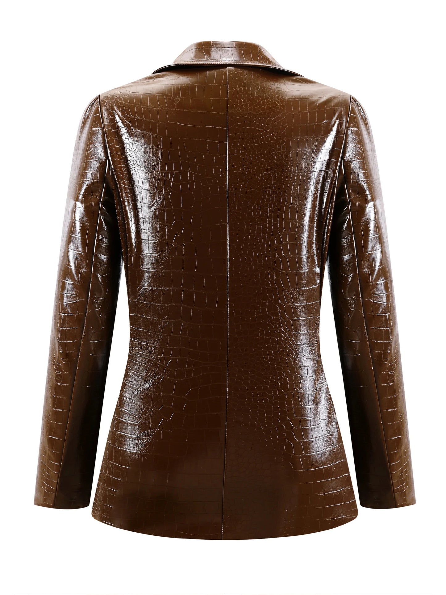 Women's Crocodile PU Leather Blazer, Retro Brown Fitted Jacket for Office & Professional Wear, All-Season Elegant Coat