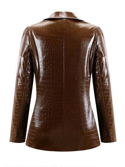 Women's Crocodile PU Leather Blazer, Retro Brown Fitted Jacket for Office & Professional Wear, All-Season Elegant Coat