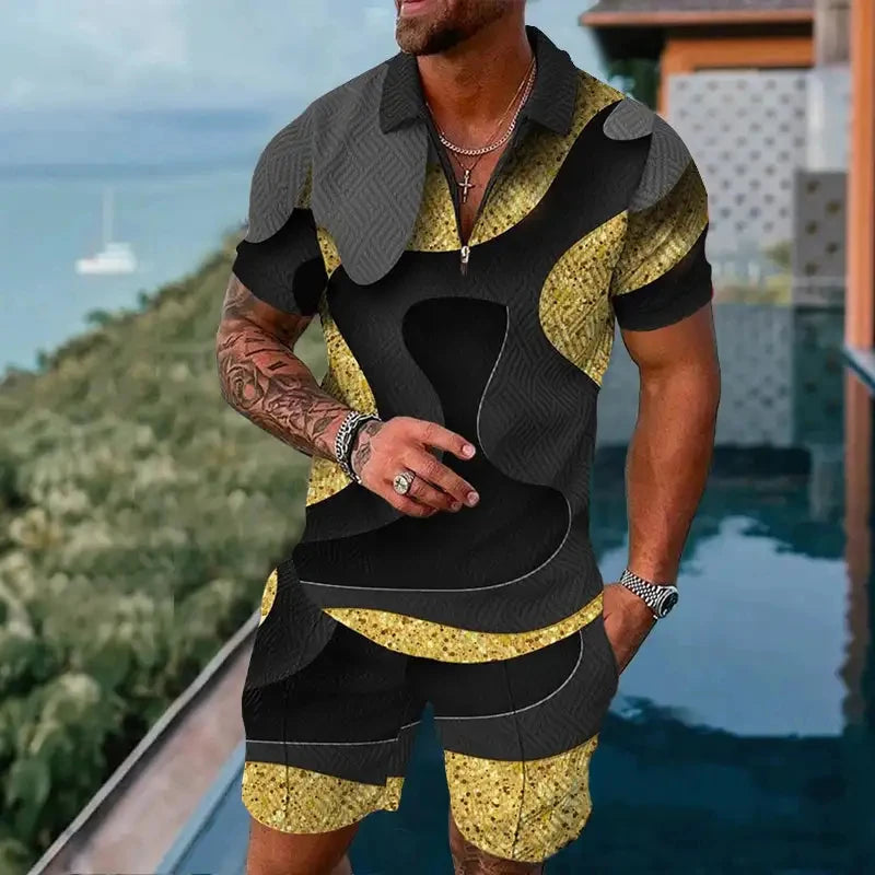 Completo estivo vintage casual a righe con stampa 3D, composto da polo, polo con cerniera e colletto, pantaloncini con cerniera, stile vacanze hawaiane da uomo.