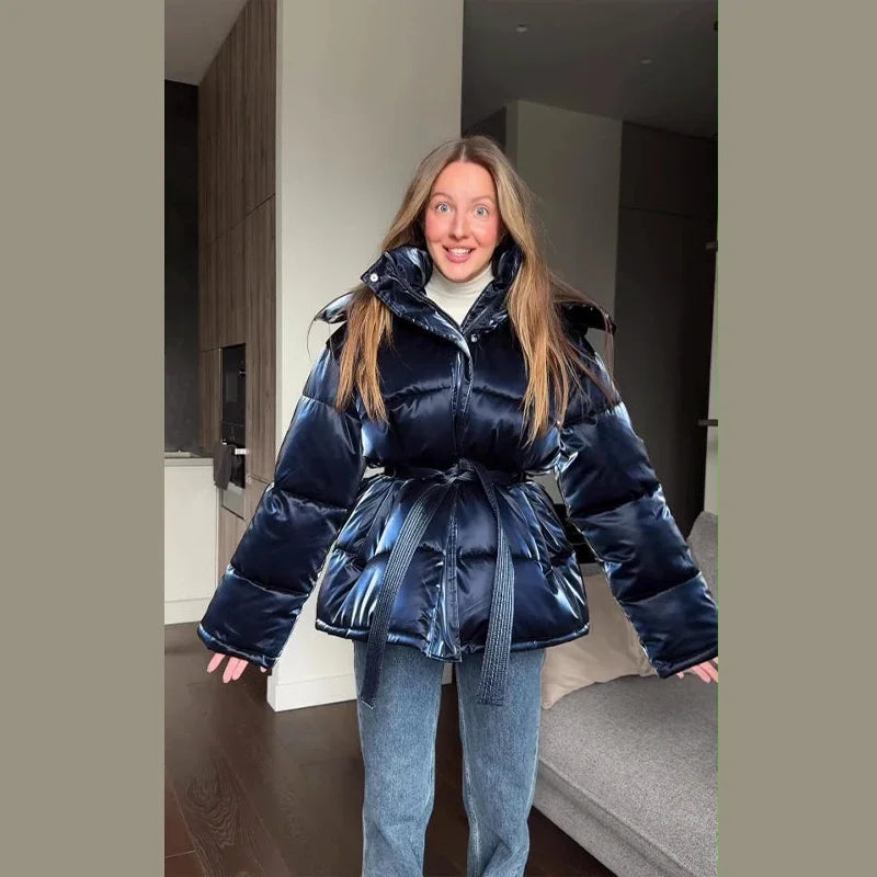 2026 Winter Shiny Hooded Cotton Jacket With Belt Women Elegant Long Sleeve Zipper Lace Up Coats Lady Y2K Street Warm Outerwear