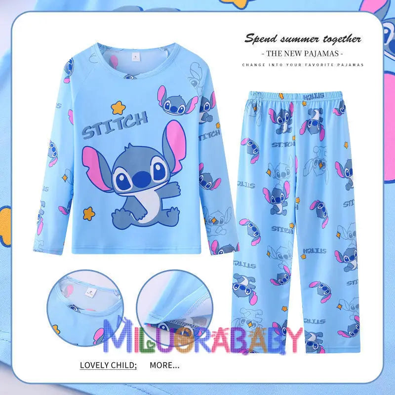 Pigiama per bambini dai 2 ai 14 anni, completo a maniche lunghe per primavera e autunno, set pigiama per bambini con motivo a cartoni animati Stitch, abbigliamento da casa comodo e casual per ragazzi e ragazze.