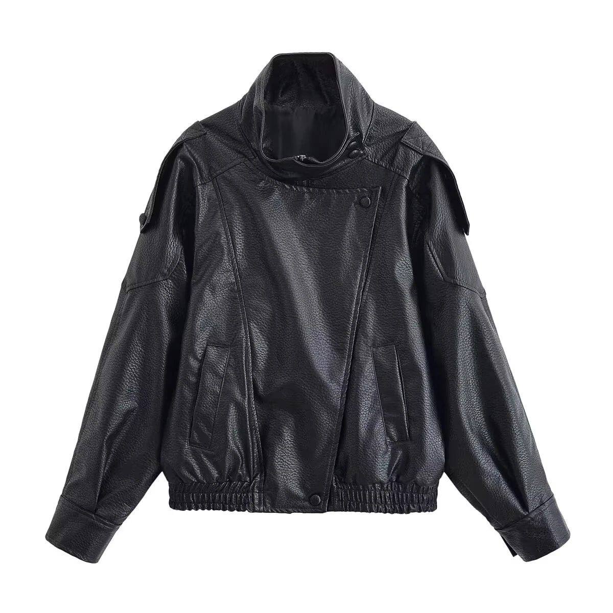 HH 2026 Giacca da donna alla moda in pelle sintetica nera con collo alto, maniche lunghe e cerniera, stile vintage, giacca in pelle sintetica stile streetwear