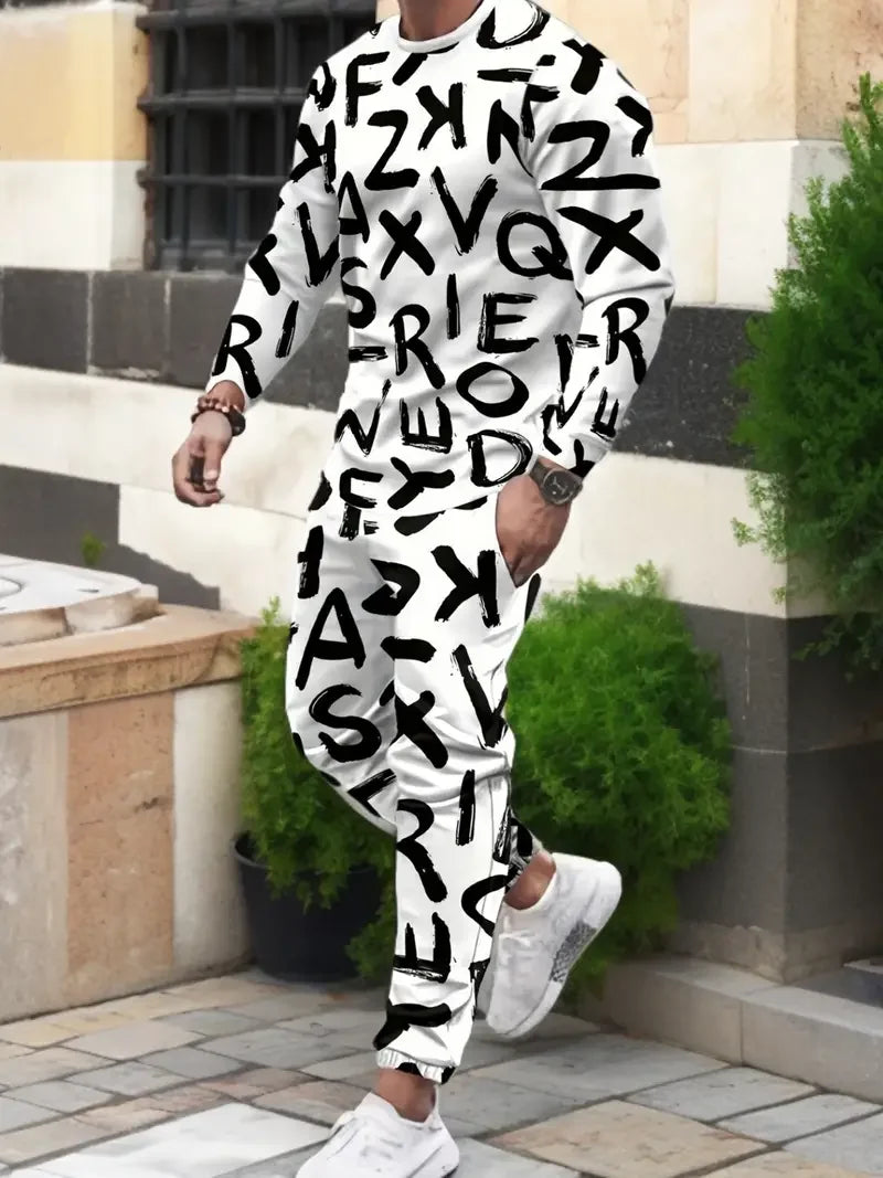 Popular Men's Long Sleeve T-Shirts Pants Set Fashion 3D Print Men Sportswear Man Clothes Street Tracksuit Jogger 2 Piece Outfits