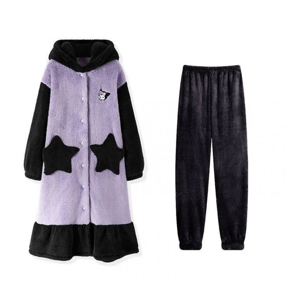 Plush Pajamas Night-Robe Suit Sanrioed Anime Kawaii Kuromi Coral Fleece Homewear Winter Long Style Thickened Nightgown Pants