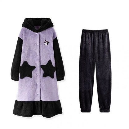 Plush Pajamas Night-Robe Suit Sanrioed Anime Kawaii Kuromi Coral Fleece Homewear Winter Long Style Thickened Nightgown Pants