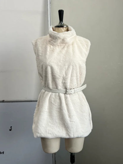 Chic Modern Faux Fur Gilet High Neck Tops Belted Slim-fit Women Vests Dates Elegant Relaxed Stylish Casual Female Outfits Wear