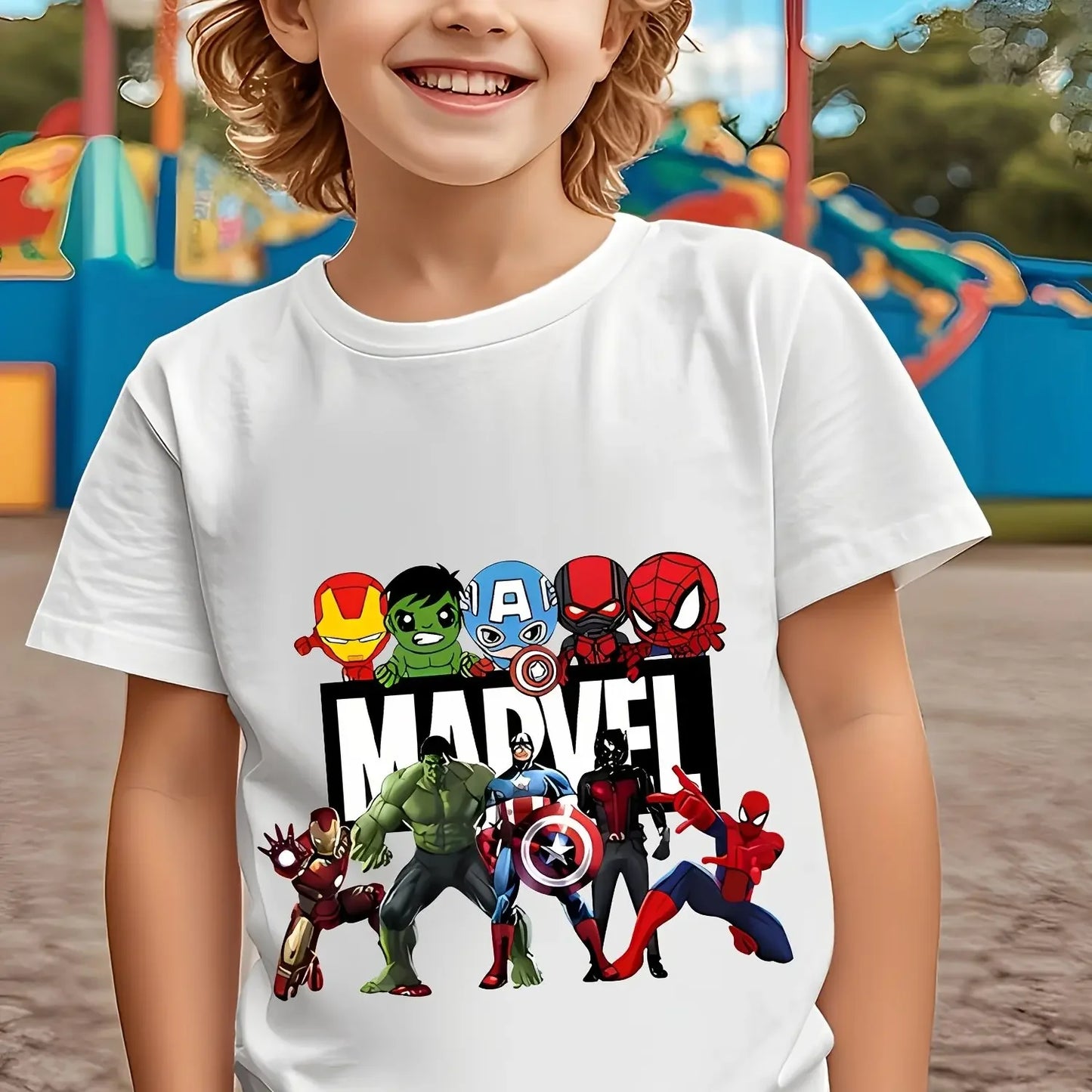 Maglietta Marvel Avengers per ragazzi dai 3 ai 12 anni, con stampe di diversi supereroi, in morbido cotone traspirante, ideale per l'estate 2026.