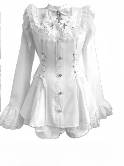 Set di abiti con fiocco in stile giapponese dolce, pantaloncini, abiti da donna a maniche lunghe e camicia a quadri, stile Kawaii Lolita, Y2k