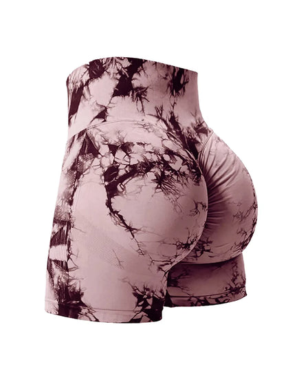 2PCS Tie Dye Butt Lifting Sexy Gym Shorts Woman Skinny Stretch High Waist Sport Shorts Casual Seamless