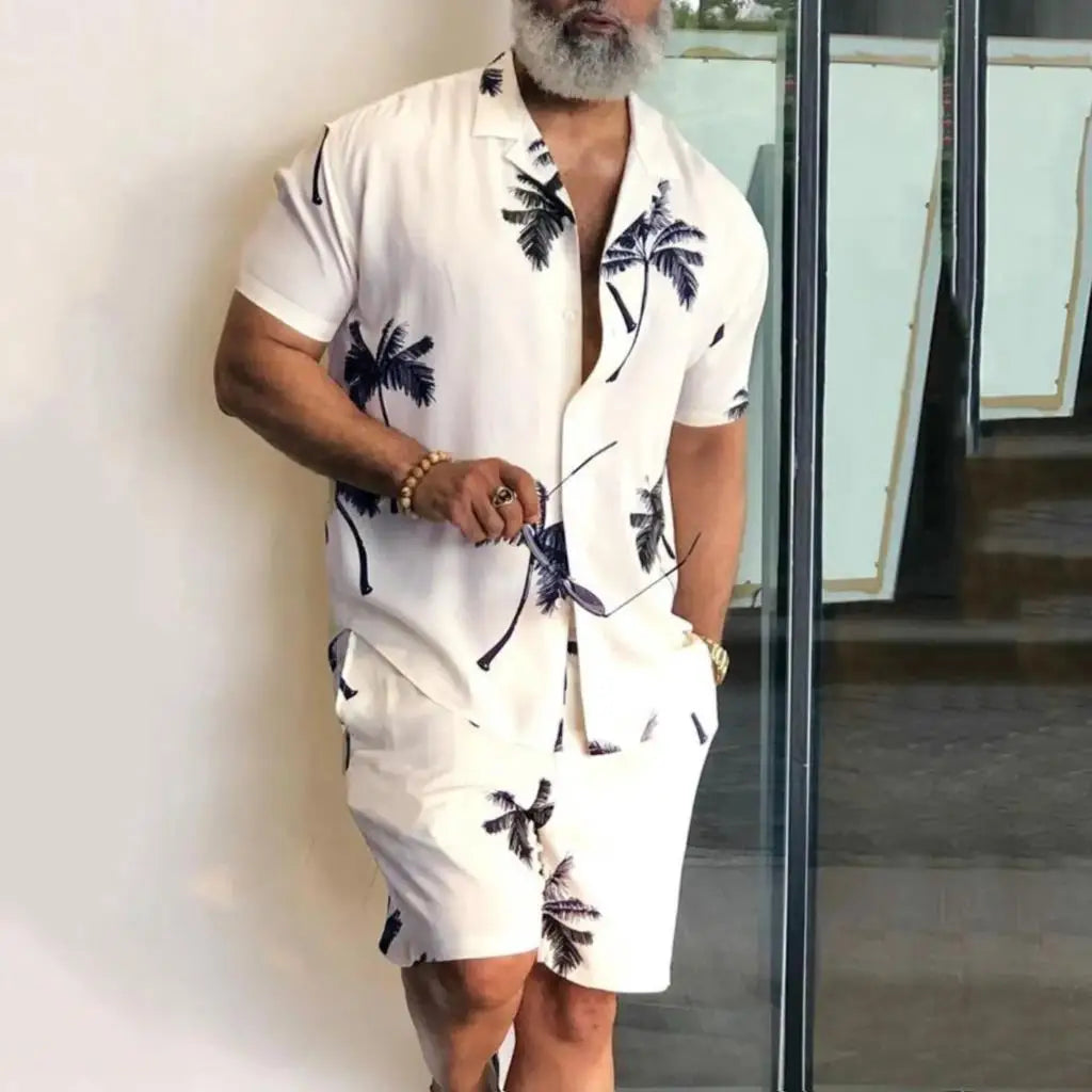 Completo da uomo con camicia a maniche corte e stampa 3D di palma da cocco, pantaloncini da spiaggia oversize, abbigliamento streetwear estivo e completi hawaiani.