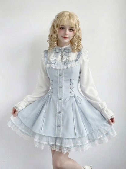 Japanese Sweet Style Bow Dress Shorts Set Women Sweet Long Sleeve Plaid Shirt Dresses Kawaii Lolita Aesthetics Y2k Dress Sets