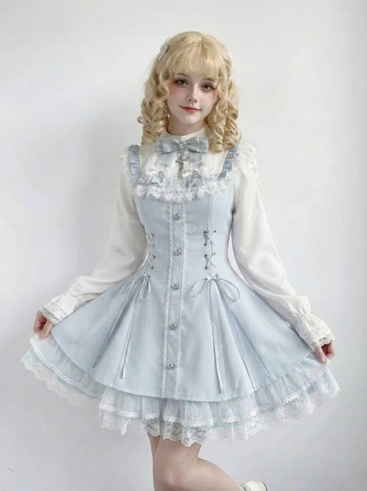 Japanese Sweet Style Bow Dress Shorts Set Women Sweet Long Sleeve Plaid Shirt Dresses Kawaii Lolita Aesthetics Y2k Dress Sets