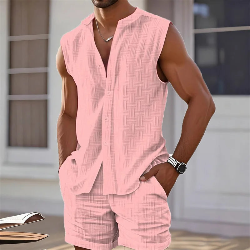 Completo da uomo 2025 composto da canotta, top senza maniche e pantaloncini a quadri, set casual e alla moda con pantaloncini senza maniche in stile hawaiano per la spiaggia.