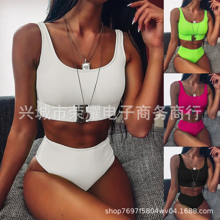 High Waist Bikini Pure Color Stripe Two-Piece Swimsuit Belly Cover Button Insert New Model Hot Sale Of The Season Women's Swimwe