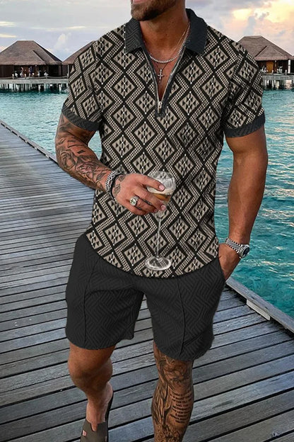 Completo estivo vintage casual a righe con stampa 3D, composto da polo, polo con cerniera e colletto, pantaloncini con cerniera, stile vacanze hawaiane da uomo.