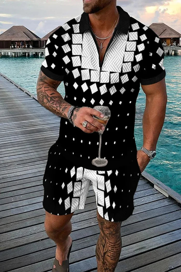 Completo estivo vintage casual a righe con stampa 3D, composto da polo, polo con cerniera e colletto, pantaloncini con cerniera, stile vacanze hawaiane da uomo.