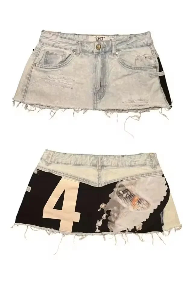 Hot Sweet Sexy Girl Denim Mini Skirt Y2K Women Hip Hop Ripped Digital Mesh Design Baby Shorts High Waisted Slim Fit Mini Skirt