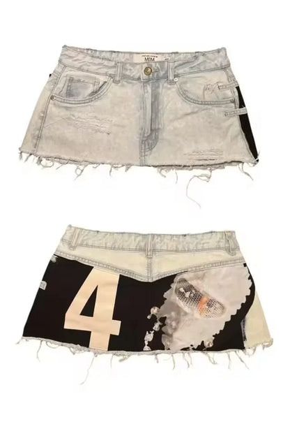 Hot Sweet Sexy Girl Denim Mini Skirt Y2K Women Hip Hop Ripped Digital Mesh Design Baby Shorts High Waisted Slim Fit Mini Skirt