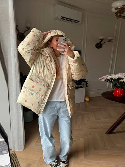 Print Oversized Hoodie Puffer Jacket Women Stand Collar Full Sleeve Sherpa Lined Pocket Zipper Coat 2026 Winter Warm Snowear