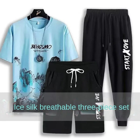 Completo sportivo da tre pezzi per ragazzi, composto da pantaloncini ad asciugatura rapida, t-shirt a maniche corte alla moda e abbigliamento casual estivo leggero per studenti.