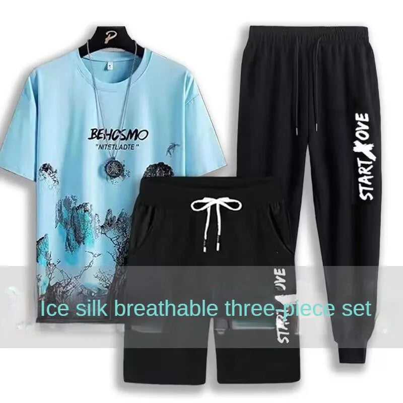 Completo sportivo da tre pezzi per ragazzi, composto da pantaloncini ad asciugatura rapida, t-shirt a maniche corte alla moda e abbigliamento casual estivo leggero per studenti.