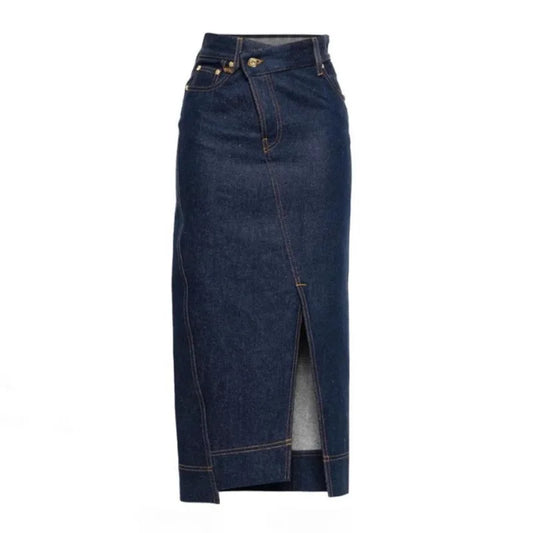 Elegante minigonna in denim di media lunghezza da donna, vita alta, snellente, con spacco laterale, stile casual, tinta unita, poliestere, moda autunnale.