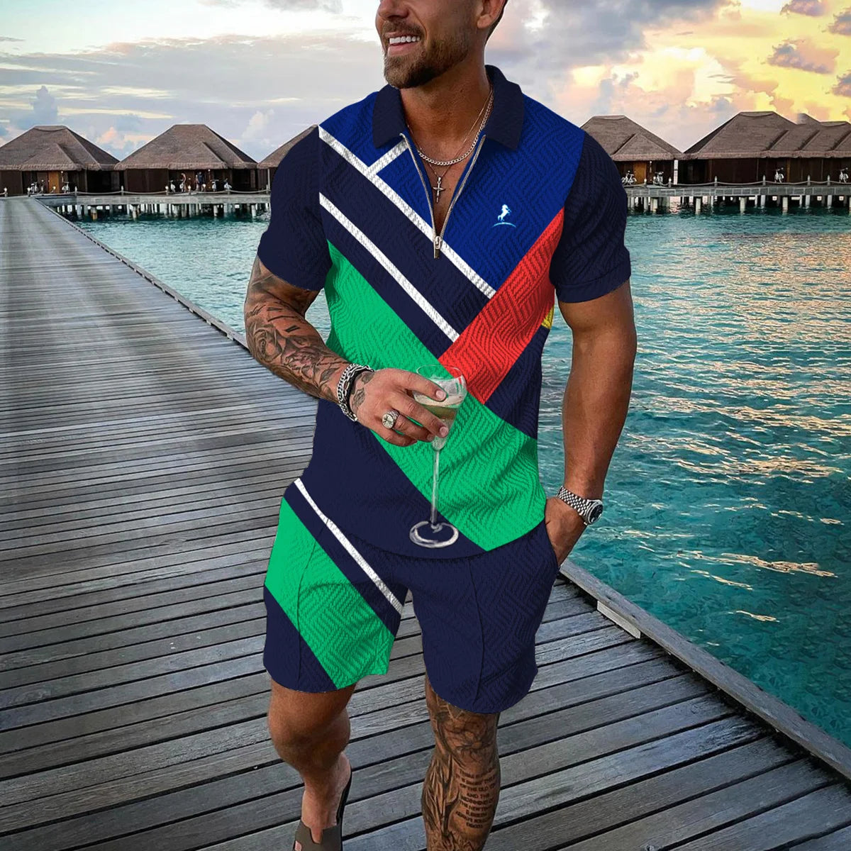 Completo estivo da uomo con stampa 3D, composto da polo con cerniera e pantaloncini, 2 pezzi, stile boho geometrico, abbigliamento per le vacanze.