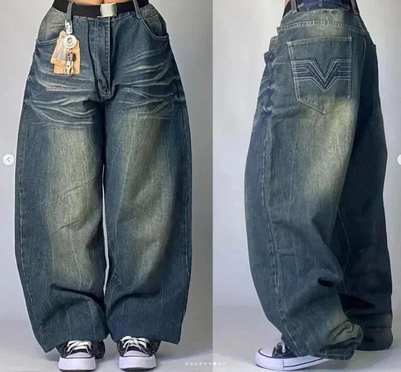 2024 New American Trend Retro Hip-hop Embroidery Pattern Baggy Jeans For Men And Women Y2K Harajuku Gothic Wide Pants Streetwear