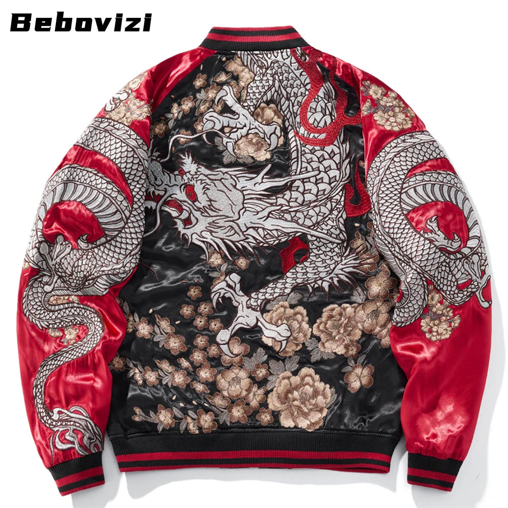 Giacca da baseball con ricamo drago cinese, giacca da motociclista da uomo, abbigliamento hip hop streetwear harajuku, autunno