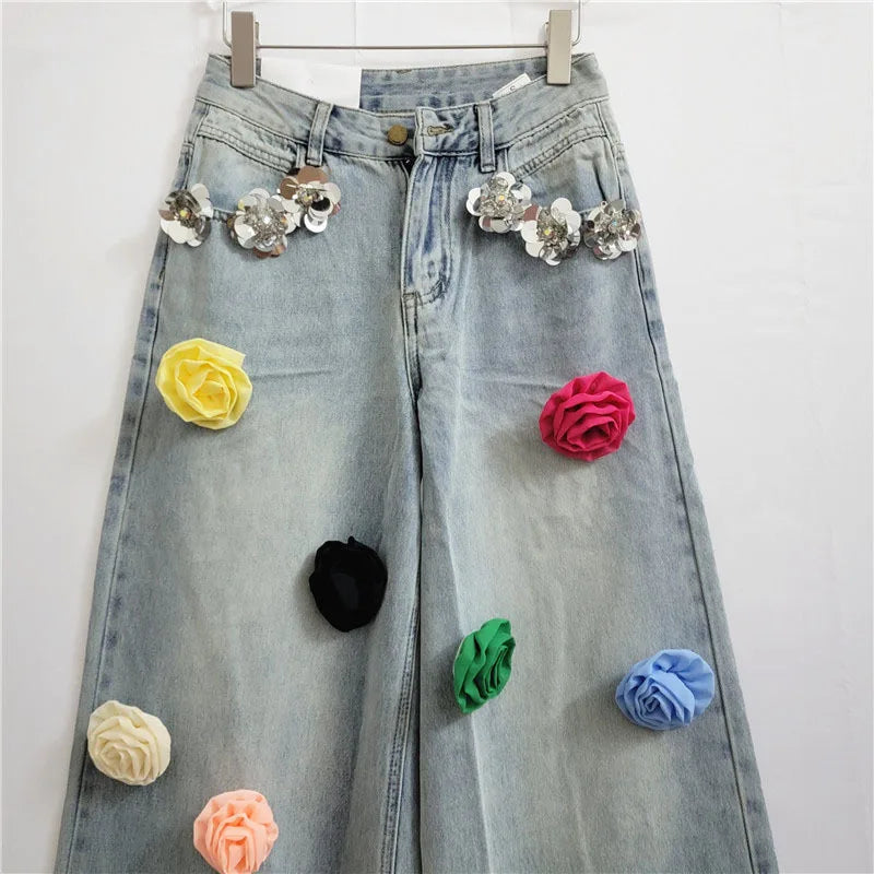 DEAT 2024 Moda Autunno Nuovi Articoli Jeans da Donna con Decorazione Floreale e Paillettes, Vita Alta, Gamba Ampia, Denim 11A0521