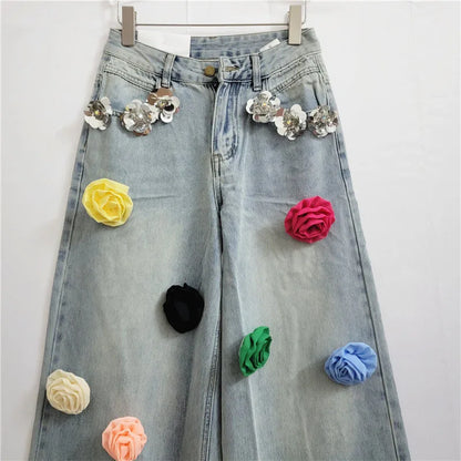 DEAT 2024 Moda Autunno Nuovi Articoli Jeans da Donna con Decorazione Floreale e Paillettes, Vita Alta, Gamba Ampia, Denim 11A0521