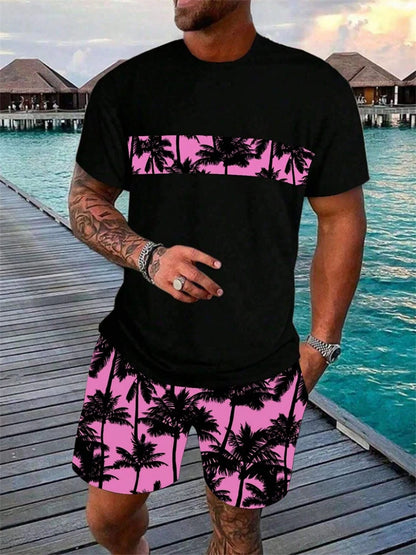 Completo da uomo estivo alla moda con stampa hawaiana di cocco 2024, composto da t-shirt, pantaloncini e tuta sportiva traspirante a due pezzi con stampa 3D a maniche corte.