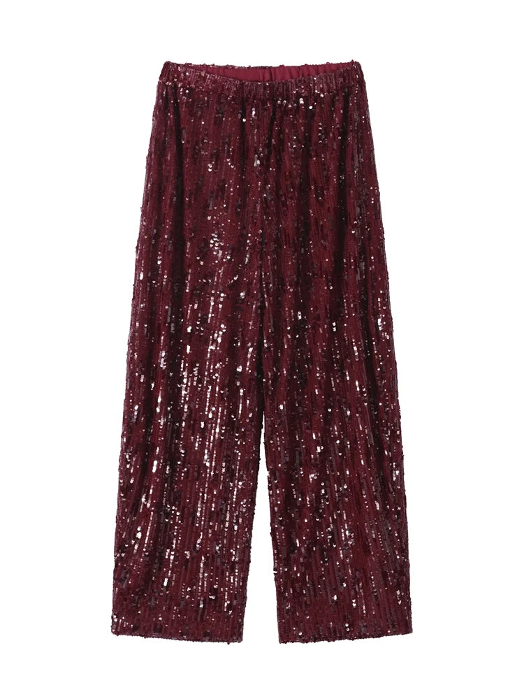 Fashion Faux Fur Sequins Patchwork Vests Long Pant Sets For Women Elegant Backless Sleeveless Tank Tops Wide Leg 2 Pieces Outfit