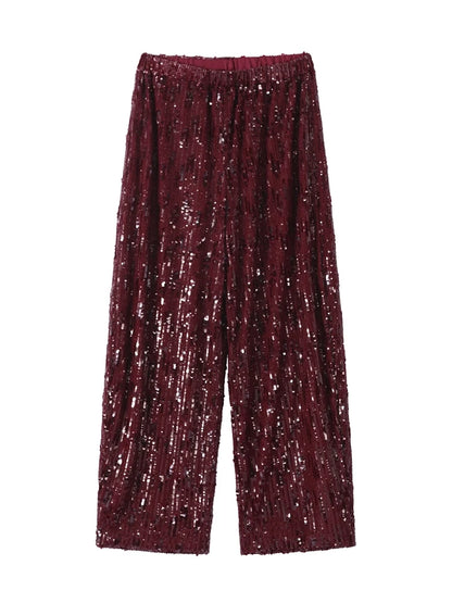 Fashion Faux Fur Sequins Patchwork Vests Long Pant Sets For Women Elegant Backless Sleeveless Tank Tops Wide Leg 2 Pieces Outfit
