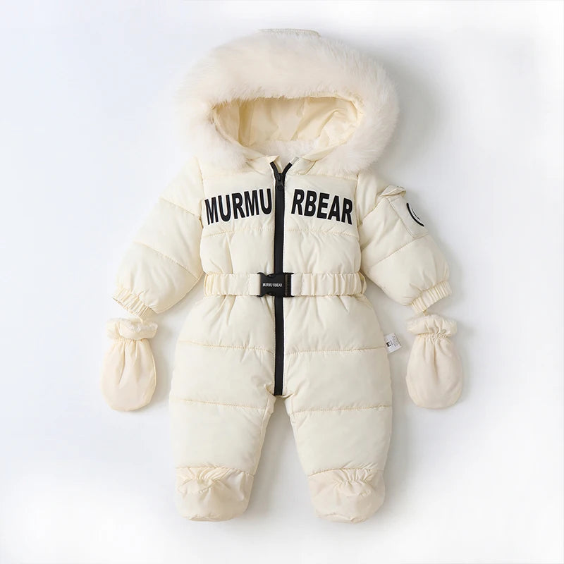 Tutina invernale per neonati, abbigliamento per neonati imbottito, tutina calda in velluto con guanti e cappuccio, tuta da neve per neonati.