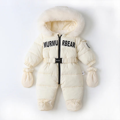 Tutina invernale per neonati, abbigliamento per neonati imbottito, tutina calda in velluto con guanti e cappuccio, tuta da neve per neonati.