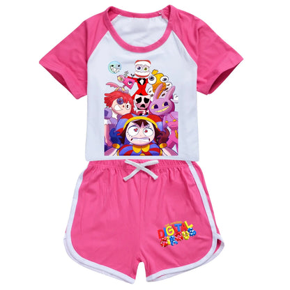 Abbigliamento per ragazzi: fantastico pigiama estivo digitale a tema circo con maglietta a maniche corte in cotone e pantaloncini, costume sportivo per ragazze 2896