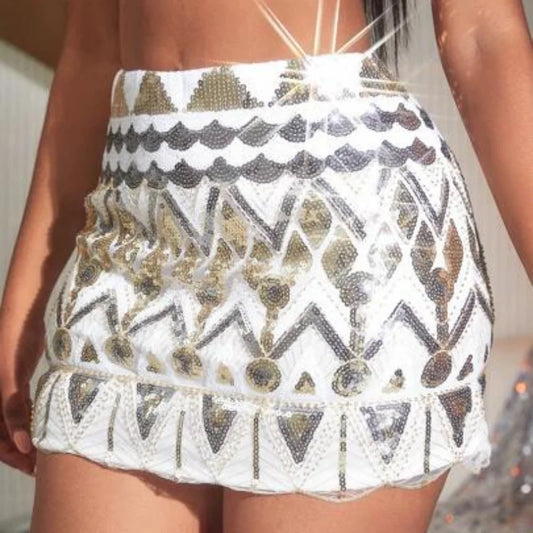 Autumn Women's heavy work nail Sequin abstract pattern high waisted A-line versatile skirt short skirt