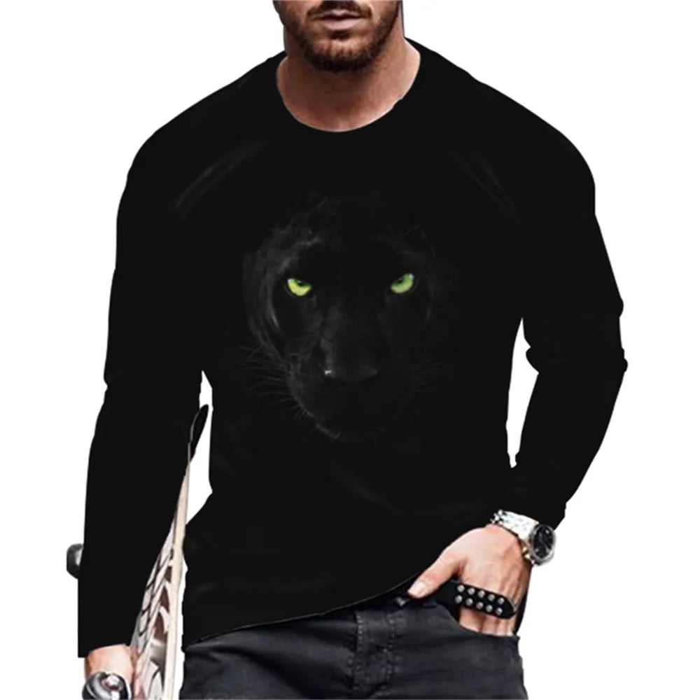 T-shirt da uomo vintage con stampa, maniche lunghe, stampa 3D tigre, girocollo ampio, abbigliamento uomo con animali, t-shirt oversize autunnale da uomo