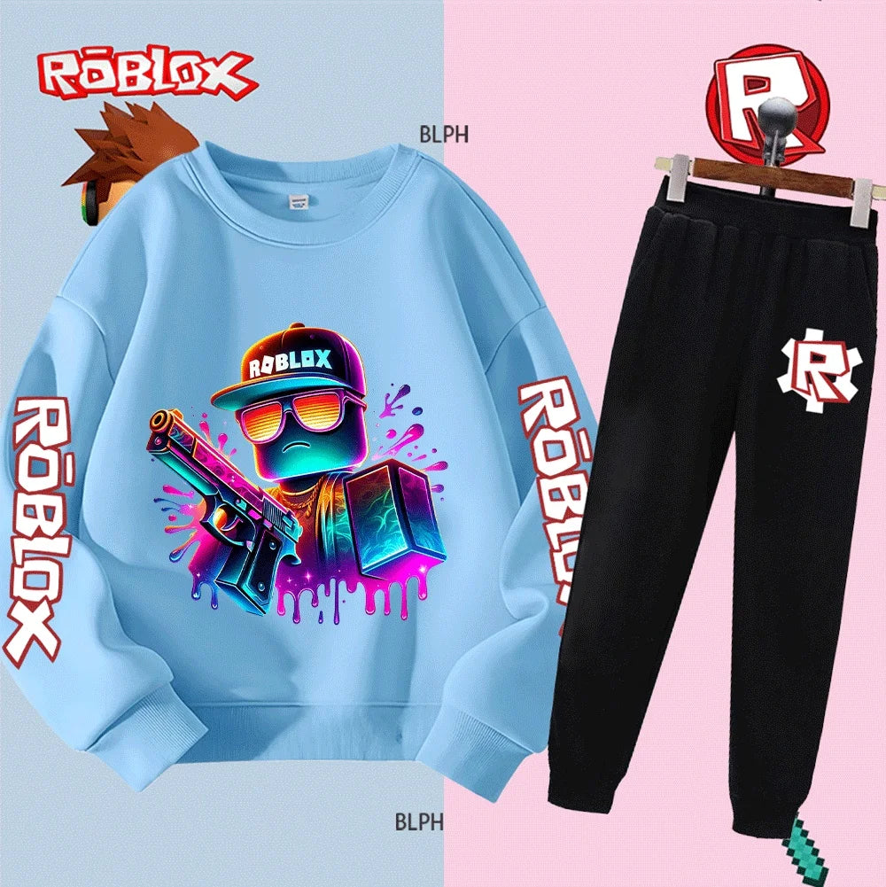 Set felpa con cappuccio Roblox per bambini e bambine, felpa alla moda a maniche lunghe con pantaloni e stampa di personaggi dei cartoni animati, casual