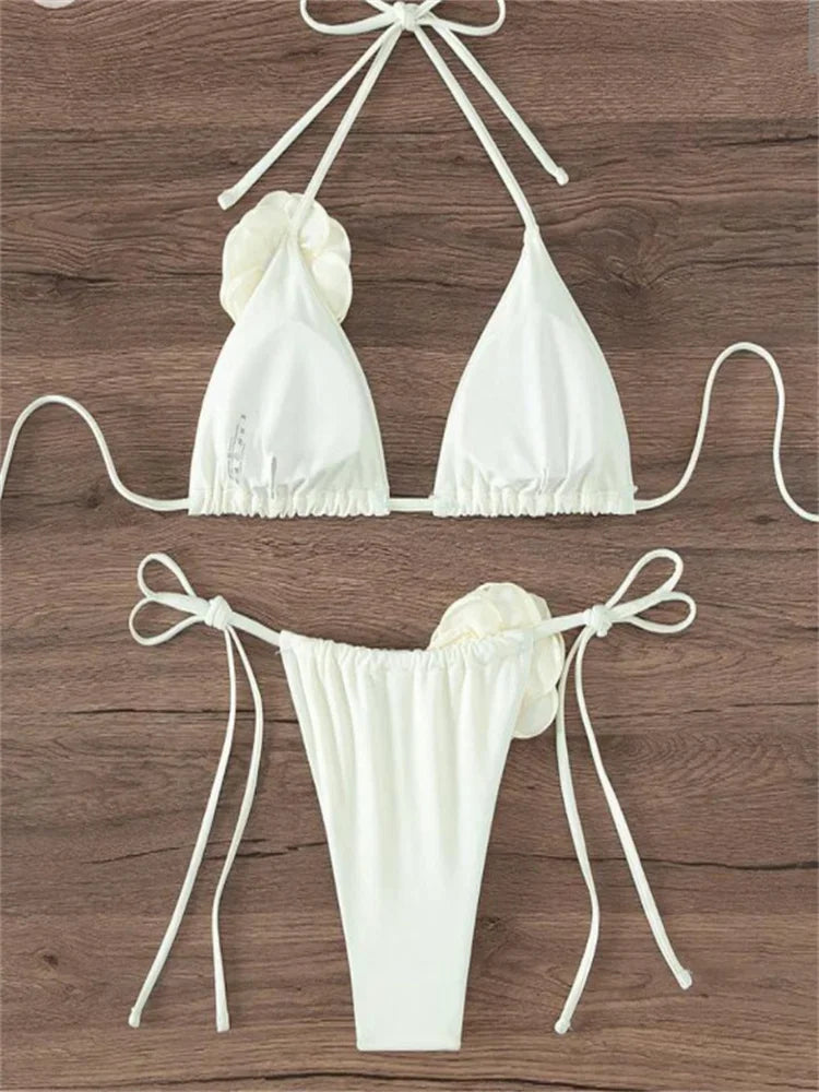 Set bikini sexy da donna, costume da bagno 2024, nero e bianco, stampa floreale 3D, micro bikini, costume da bagno brasiliano con ritagli, perizoma.
