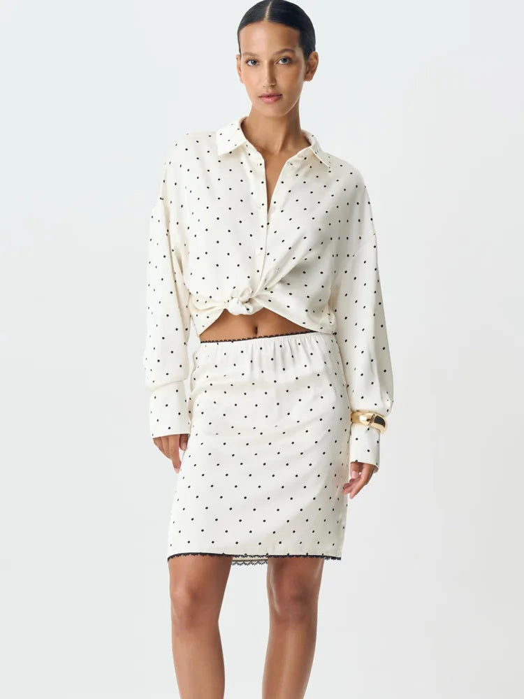 Articat Fashion Satin Polka Dot Print Bodycon Skirt Women Sexy Tight Zipper Lace Trim Half Skirt Autumn New Office Streetwear