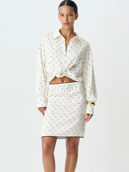 Articat Fashion Satin Polka Dot Print Bodycon Skirt Women Sexy Tight Zipper Lace Trim Half Skirt Autumn New Office Streetwear