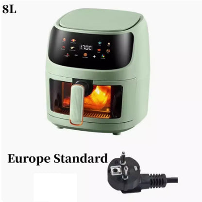Nuova friggitrice ad aria ad alta capacità in acciaio inossidabile da 8 litri, forno elettrico domestico visivo, multifunzionale, senza olio, per la casa, nero, bianco e verde