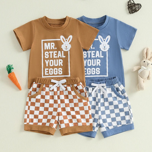 2024-12-17 Lioraitiin Completo estivo per neonato 6M-4Y per Pasqua: maglietta a maniche corte con coniglietto e pantaloncini a quadri.