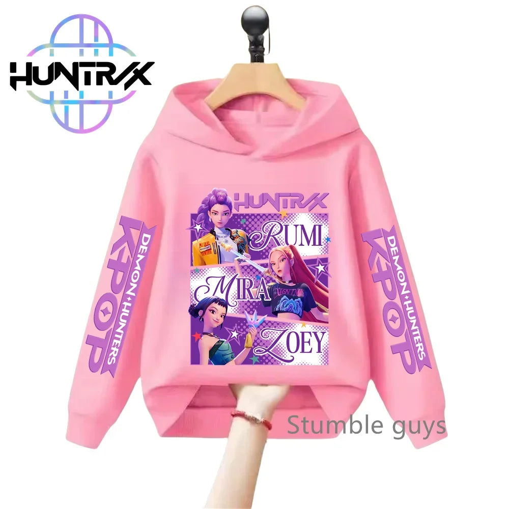 Felpa con cappuccio a maniche lunghe per bambini con stampa anime autunnale KPop Demon Hunters, abbigliamento sportivo, vestiti casual per ragazzi e ragazze.