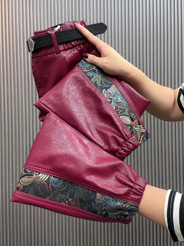 Pantaloni in pelle a vita alta da donna per autunno/inverno, modello ampio e aderente, stile cinese, gamba dritta, pantaloni casual in ecopelle.