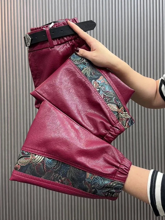 Pantaloni in pelle a vita alta da donna per autunno/inverno, modello ampio e aderente, stile cinese, gamba dritta, pantaloni casual in ecopelle.