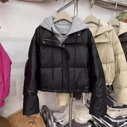 Autumn Winter New Fake Two Pieces Splicing Cotton Jacket Women Cotton-Padded Thick Warm Parkas Short Coat Female Casual Lady Top