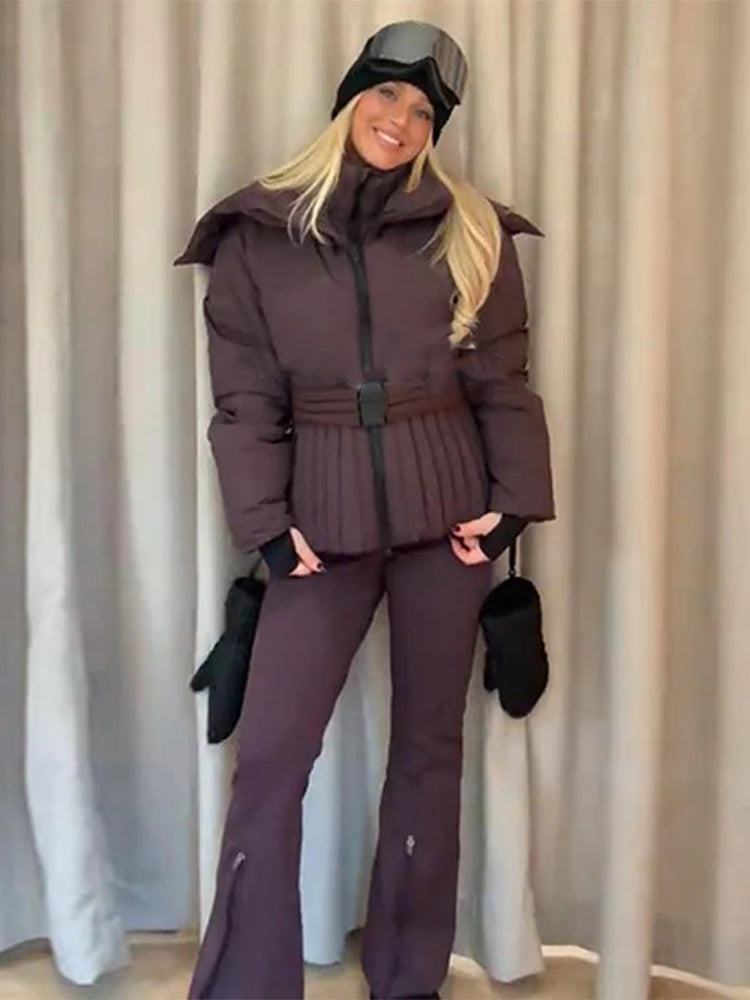 Women Hooded Tie-Waist Ski Suit Pink Flared Leg Fur Trim Water-Resistant Fabric 2025 Winter Outerwear Fashion Sweet Snow Suit